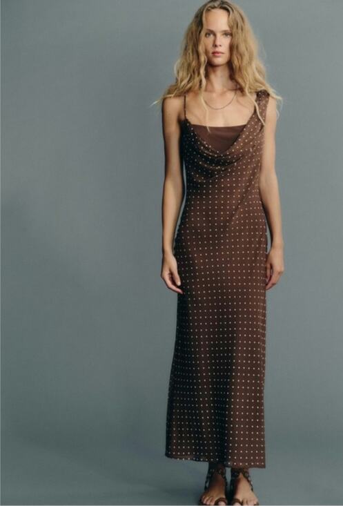 Zara Dresses & Skirts - Zara Brown Polka Dot Cowl-Neck Maxi Dress size M NEW